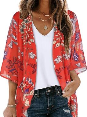 Women’s Red Floral Sheer Kimono